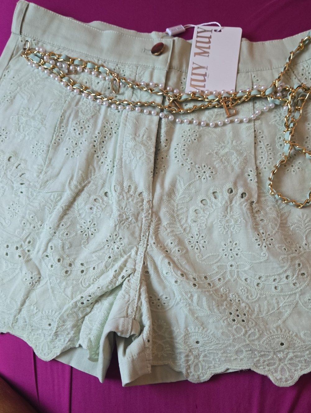 MUY MUY boutique High-Waist Eyelet Shorts in Pale Mint Green With Accessory Belt